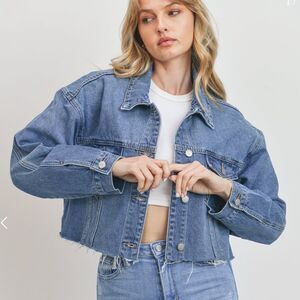 JUST‎ USA Classic Denim Jacket Cropped Frayed Hem Indigo XL Stitch Fix Nwt